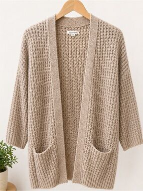 American Eagle Outfitters Taupe Waffle Knit Open Cardigan